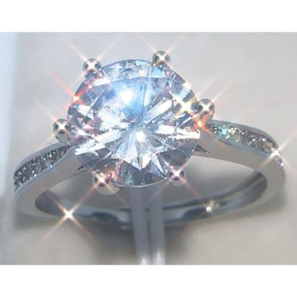 Silver Wedding Ring Adjustable Six-Prong Diamond Simulant Sparkling Elegance New - Picture 2 of 5